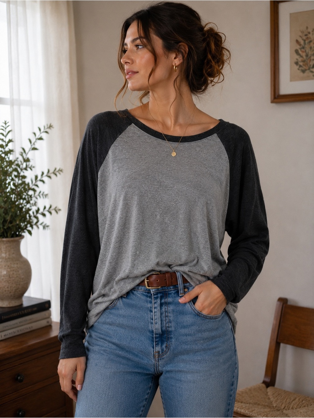 American Eagle Soft & Sexy Oversized Baseball raglan shirt Charcoal Grey Size S